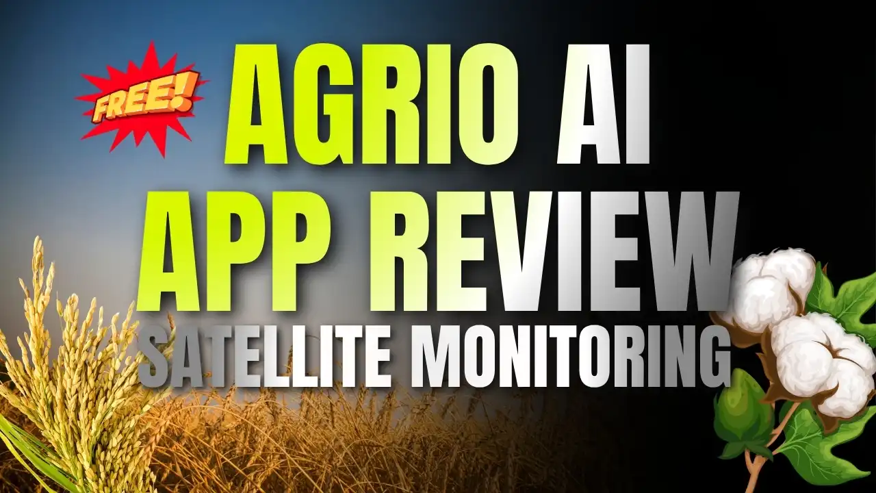 Agrio AI app review and free satellite monitoring guide, showing graphics of rice crops and cotton plants for farmers in Andhra Pradesh.