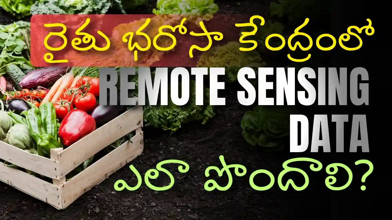 A wooden crate filled with fresh vegetables like peppers and tomatoes on farm soil next to text explaining how to get remote sensing data at Rythu Bharosa Kendra for Andhra Pradesh farmers.